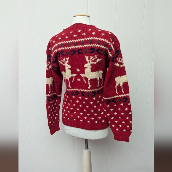 Vintage Eddie Bauer Red Wool Reindeer Deer Elk Knitted Crewneck Sweater Size M - Picture 7 of 7